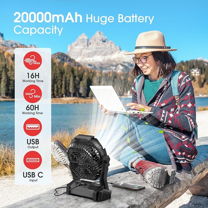 ONLYNEW Portable Fan Rechargeable, 20000mAh Cordless Battery Powered Fan - Image 2