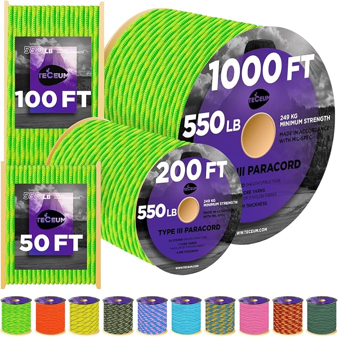 TECEUM Reflective Paracord Rope 1000 – 1000ft/200ft/100ft/50ft – 40+ Colors – by TECEUM