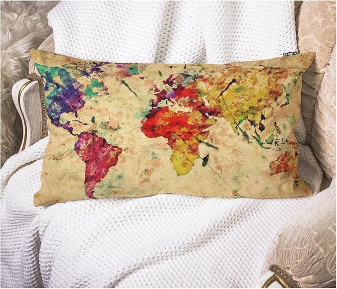 EKOBLA Watercolor World Map Lumber Pillow Cases Vintage Global Graphic Home by EKOBLA