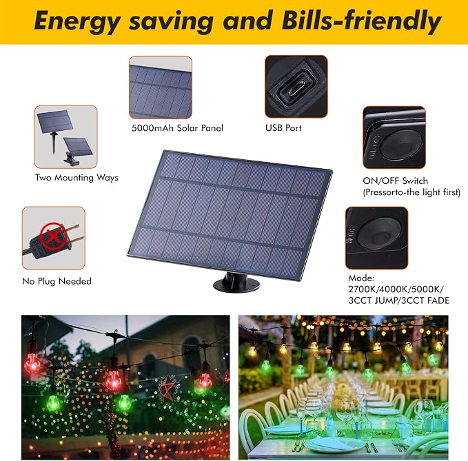 Solar Outdoor RGB String Lights, 48FT Dimmable Patio Lights - Image 5
