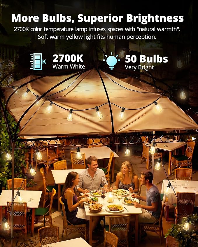 VIPAR Outdoor String Lights, 100FT 52 ST38 Bulbs Patio Lights Outdoor Waterproof - Image 4