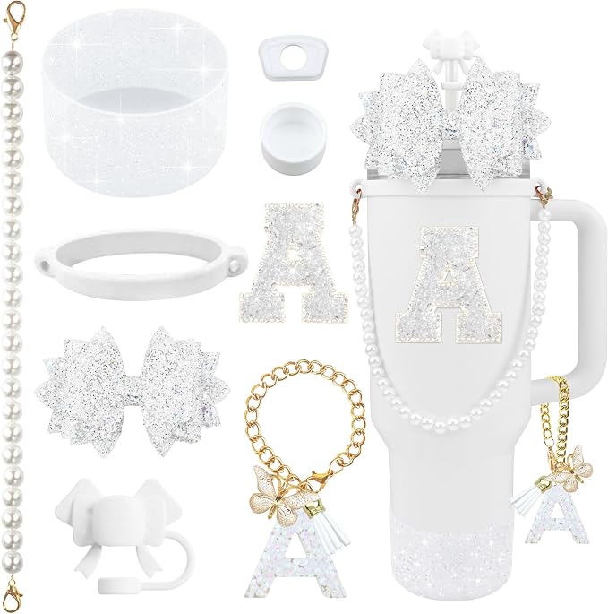9PCS White for Stanley Cup Accessories Set Bling Initials Bow Charms for by Unknown