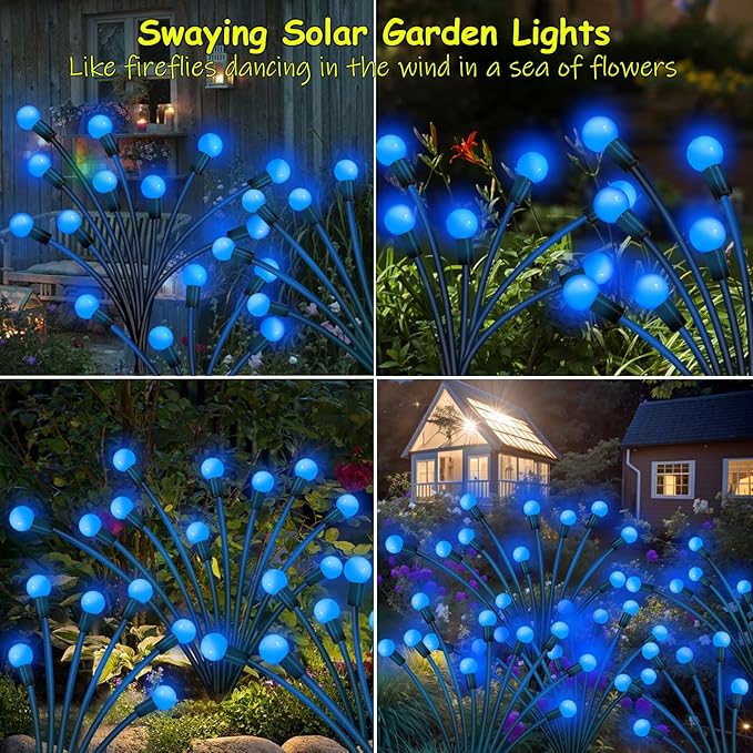 Kohlrabi Solar Garden Lights Outdoor, 2 Pack 16 LED Solar Blue Firefly Lights - Image 5
