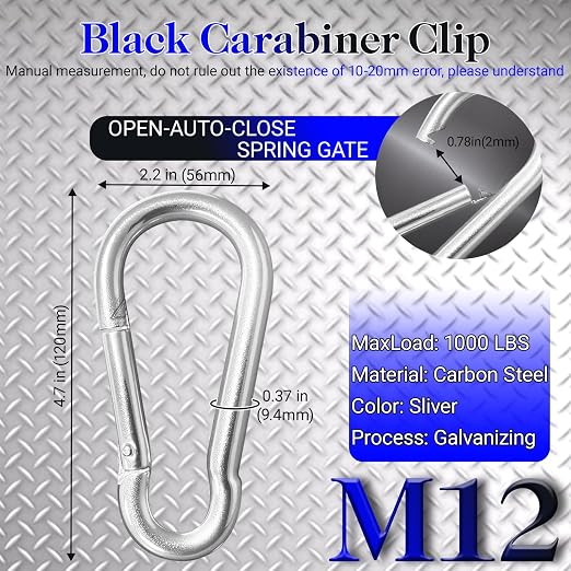 5 Pack 4.7" Heavy Duty Carabiner Clips, M12 Sliver Galvanized Steel Spring Snap - Image 2