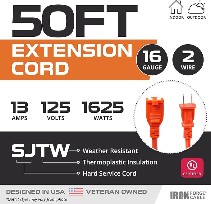 Iron Forge Cable 50 ft Outdoor Extension Cord 2 Prong, 16/2 SJTW Weatherproof - Image 2