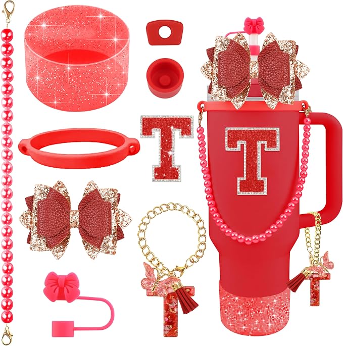 9PCS Red for Stanley Cup Accessories Set Bling Initials Bow Charms for Stanley by Unknown
