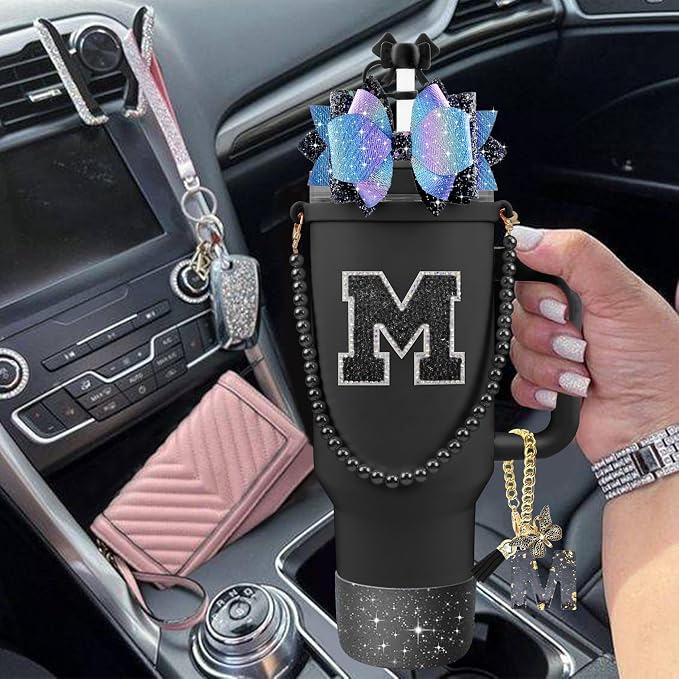 9PCS Black for Stanley Cup Accessories Set Bling Initials Bow Charms for - Image 6