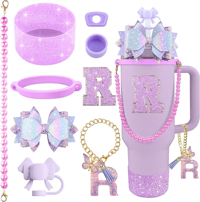 9PCS Purple for Stanley Cup Accessories Set Bling Initials Bow Charms for by Unknown