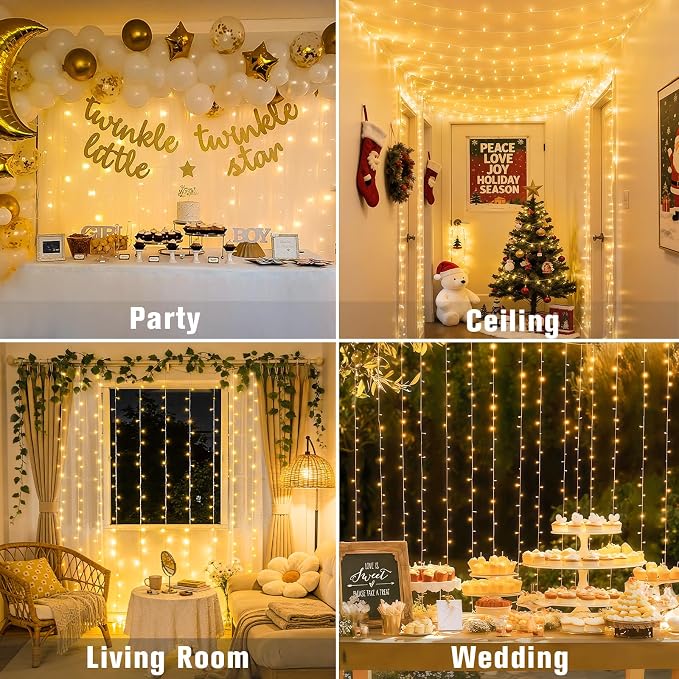 JMEXSUSS 300 LED Remote Control Curtain Lights, Plug in Fairy Curtain Lights - Image 3