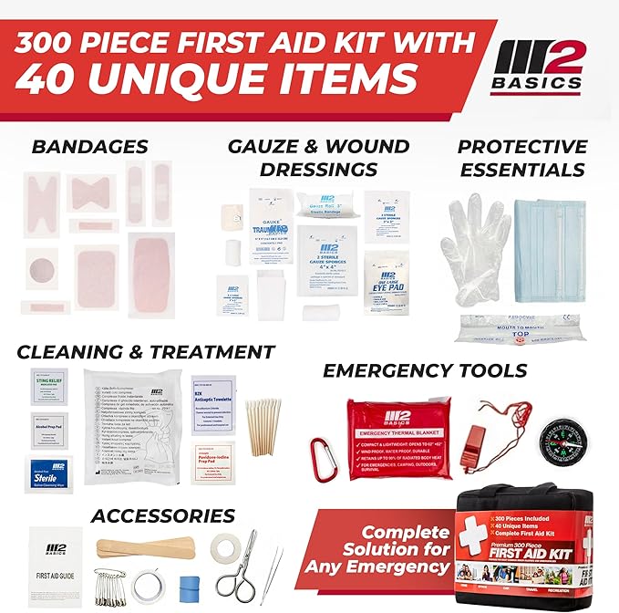 M2 BASICS 300 Piece First Aid Kit, 40 Items, Compact Emergency Medical Kit - Image 2