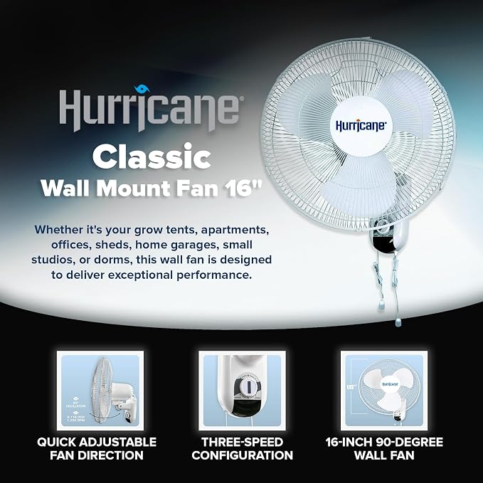 Hurricane Classic Oscillating Wall Mount Fan w/ 3 Quite Speeds, Grow Tents - Image 2