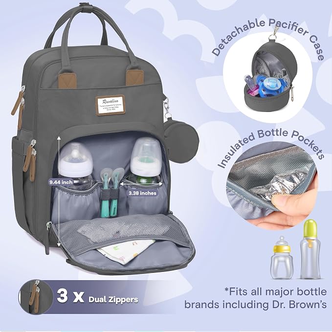 RUVALINO Diaper Bag Backpack, Large Capacity, Waterproof and Stylish, Iron Gray - Image 3