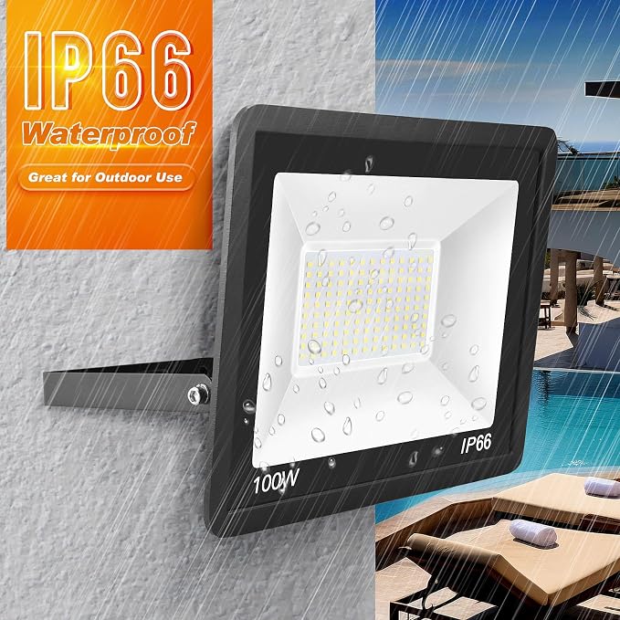 100W LED Flood Light Outdoor, IP66 Waterproof Outside Work Lights, 6500K - Image 2