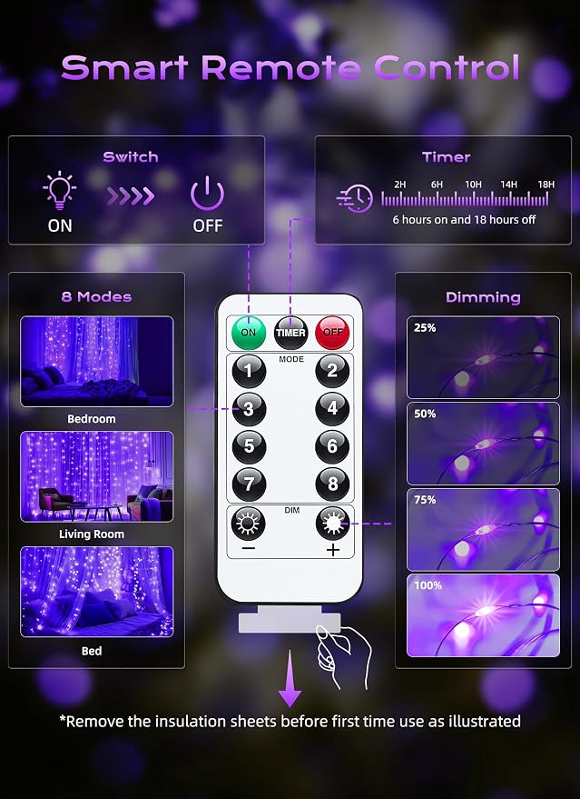 Brightown 300 LED Purple Fairy Curtain Lights, 9.8ft x 9.8ft String Lights - Image 6