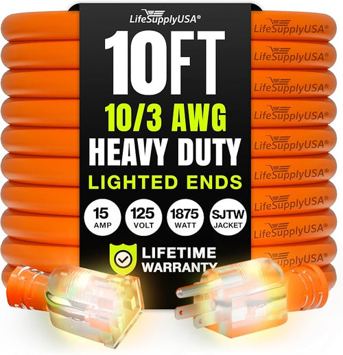 10ft Outdoor/Indoor Extension Cord 10/3 Gauge Ultra Heavy Duty 3 Prong SJTW by LifeSupplyUSA