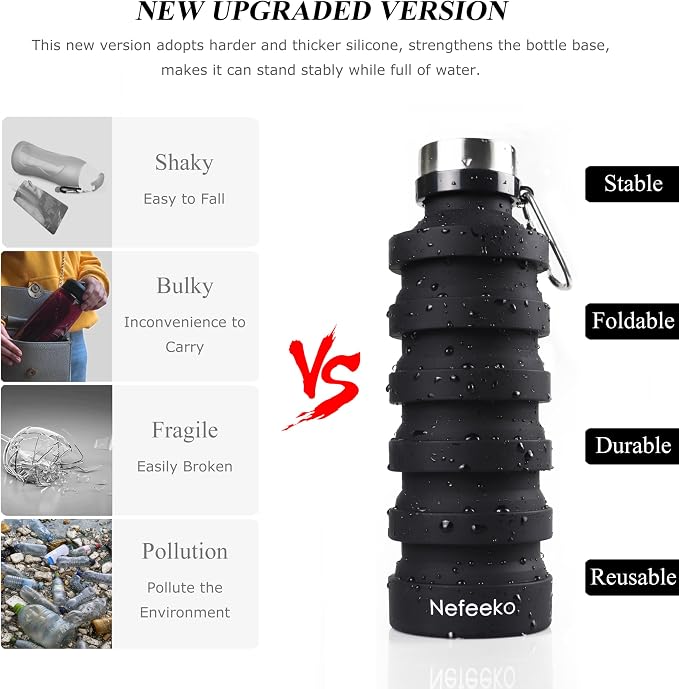 Nefeeko Collapsible Water Bottle, Reuseable BPA Free Silicone Foldable Water - Image 2
