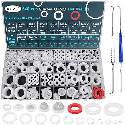 KEZE 660 PCS 18 Size Clear Silicone O Rings Assortment Kit and 14 Size Silicone by KEZE