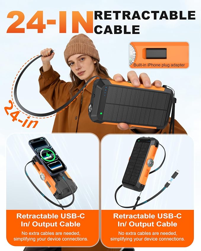 Solar Power Bank with Hand Crank and Retractable Cables, 20000mAh Wireless - Image 3