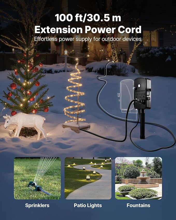 VEVOR Outdoor Power Stake Waterproof, 100 FT Extension Cord, Outdoor Power Strip - Image 3