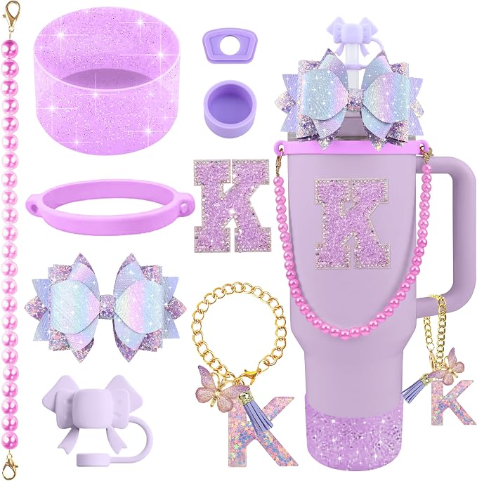 9PCS Purple for Stanley Cup Accessories Set Bling Initials Bow Charms for by Unknown