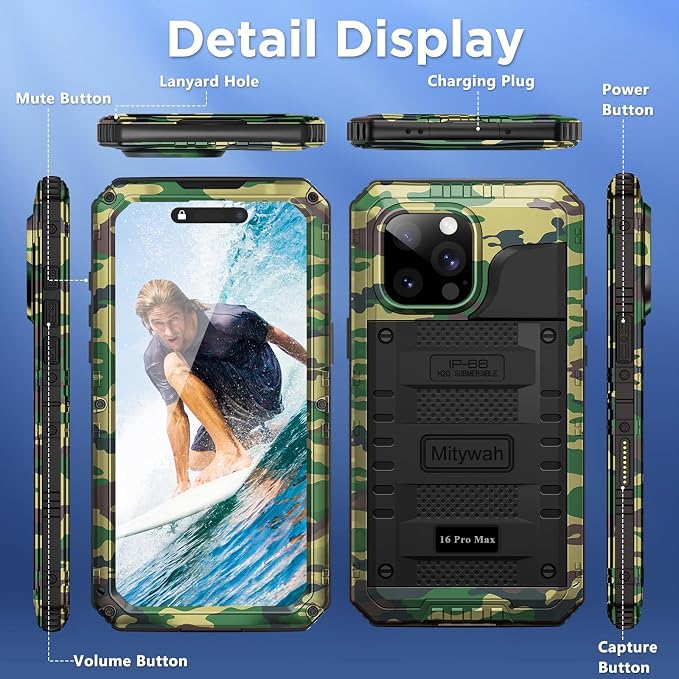Mitywah Waterproof Case for iPhone 16 Pro Max, Heavy Duty Metal Cover - Image 8