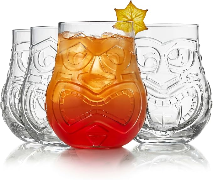 Libbey Tiki Split Glass Tumbler Set, Vintage-Style Quirky Drinking Glasses Set by Libbey