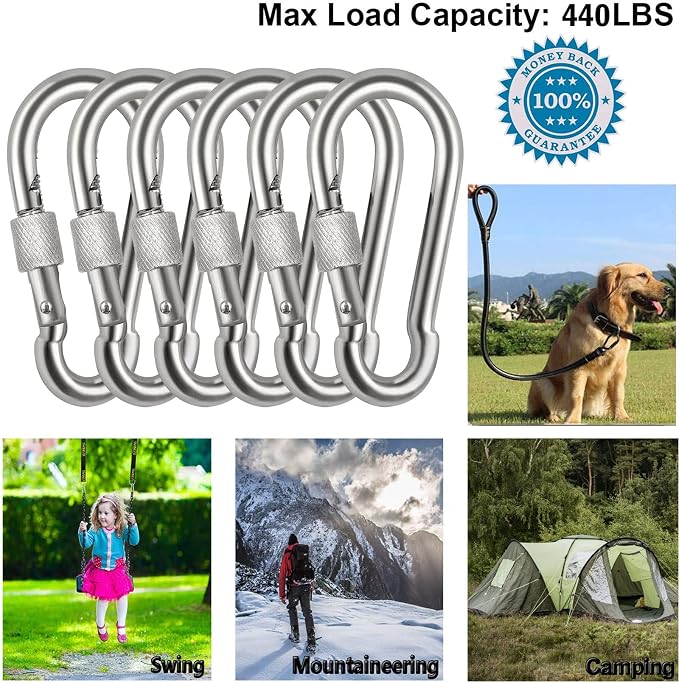 Locking Carabiner Clips, Stainless Steel Spring Snap Hook Locking Carabiner - Image 2