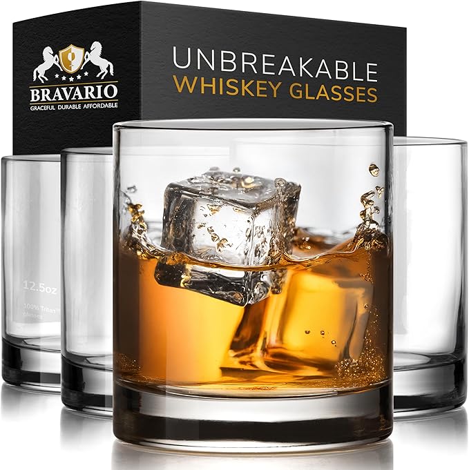 Bravario Unbreakable Whiskey Glasses, Plastic Rocks Glasses — 12.5 oz Clear by Bravario
