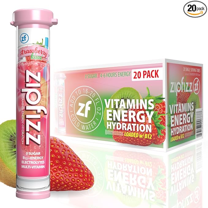Zipfizz Daily Energy Drink Powder, Strawberry Kiwi, 20 Pack | 3-in-1 Sustained by Zipfizz