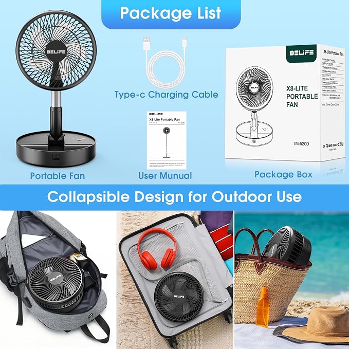 Belife X8-Lite Portable Fan, 7200mAh Battery Powered Rechargeable, USB Desk - Image 7