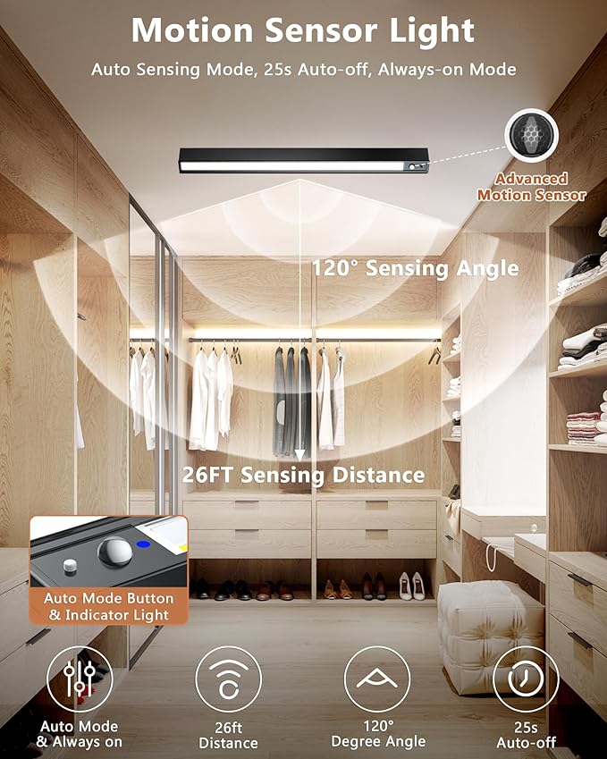 Rechargeable Motion Sensor Ceiling Light, Full Metal Battery Powered LED Closet - Image 3