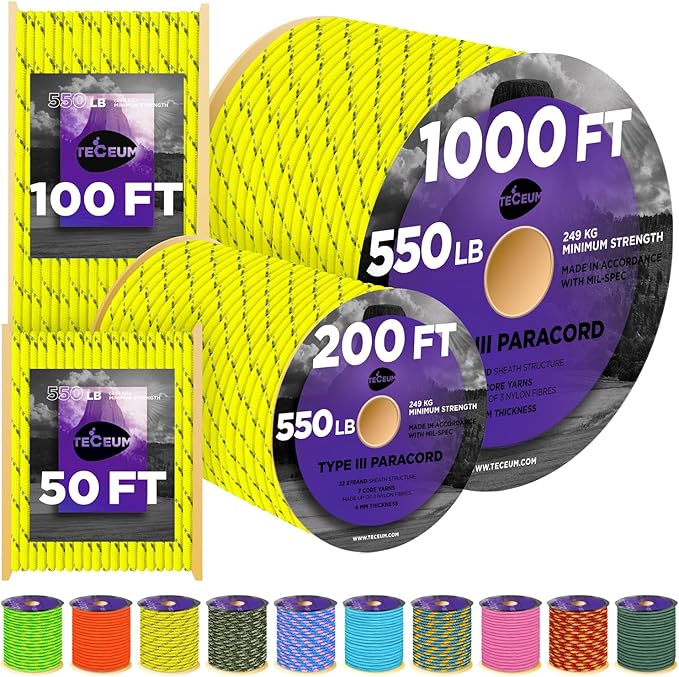 TECEUM Reflective Paracord Rope 1000 – 1000ft/200ft/100ft/50ft – 40+ Colors – by TECEUM