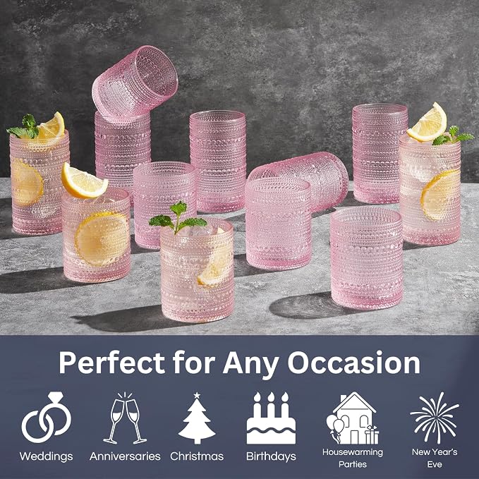 Khen Hobnail Beaded Highball Drinking Tumbler Glasses | Set of 12 | Pink Blush - Image 2