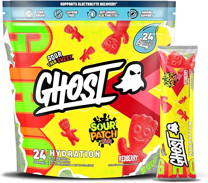 GHOST Hydration Packets, Sour Patch Kids Redberry, 24 Sticks, Electrolyte Powder by GHOST