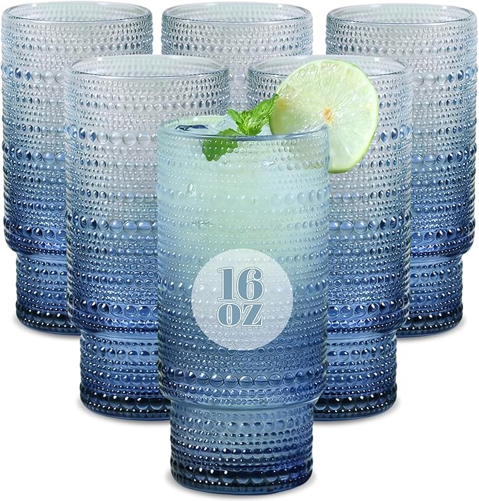 Large Capacity 16 oz Hobnail Drinking Glasses Set of 6, Vintage Glassware by Cowjut