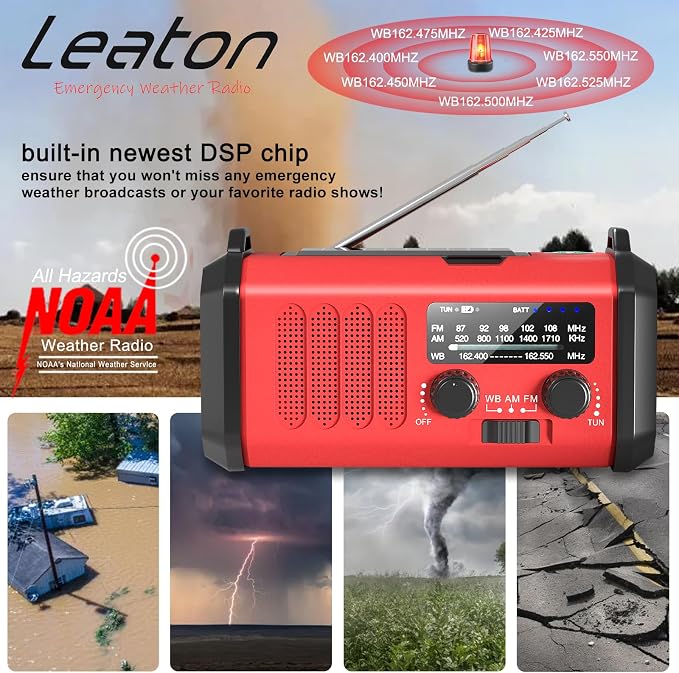 Leaton Emergency Radio NOAA Weather Radio Hand Crank & Solar Charging - Image 2