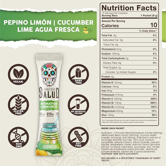 Salud 2-in-1 Hydration Packets + Immunity Electrolytes Powder, Cucumber Lime - Image 3