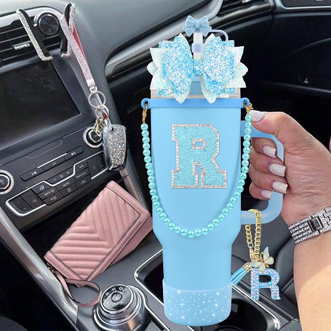 9PCS Blue for Stanley Cup Accessories Set Bling Initials Bow Charms for Stanley - Image 6
