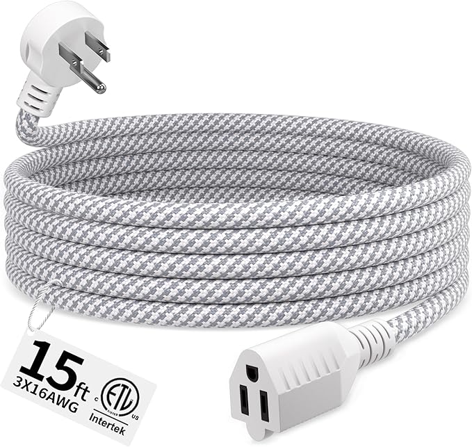 16 Gauge Braided Extension Cord 15 FT, 16/3 Flat Plug Power Cord Indoor by Seeklyze