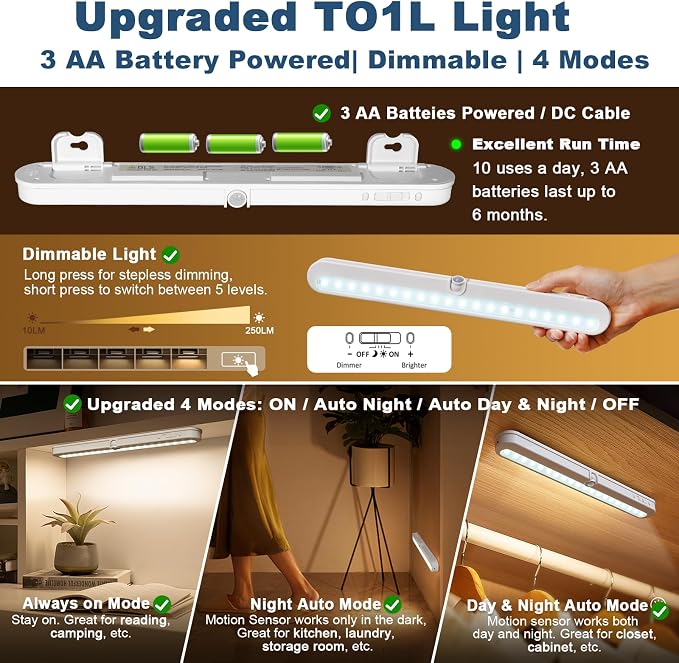 BLS T01L LED Closet Light, Super Bright 20 LED Under Cabinet Lighting Battery - Image 2