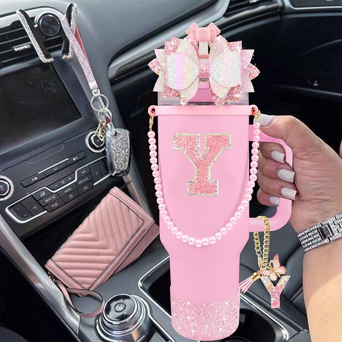 9PCS Pink for Stanley Cup Accessories Set Bling Initials Bow Charms for Stanley - Image 6