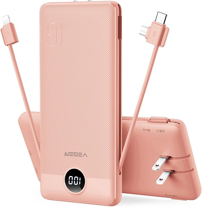 VEGER Portable Charger with Built-in AC Plug and Cables, All in One 10000mAh by VEGER