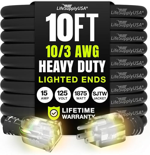10ft Outdoor/Indoor Extension Cord 10/3 Gauge Ultra Heavy Duty 3 Prong SJTW by LifeSupplyUSA