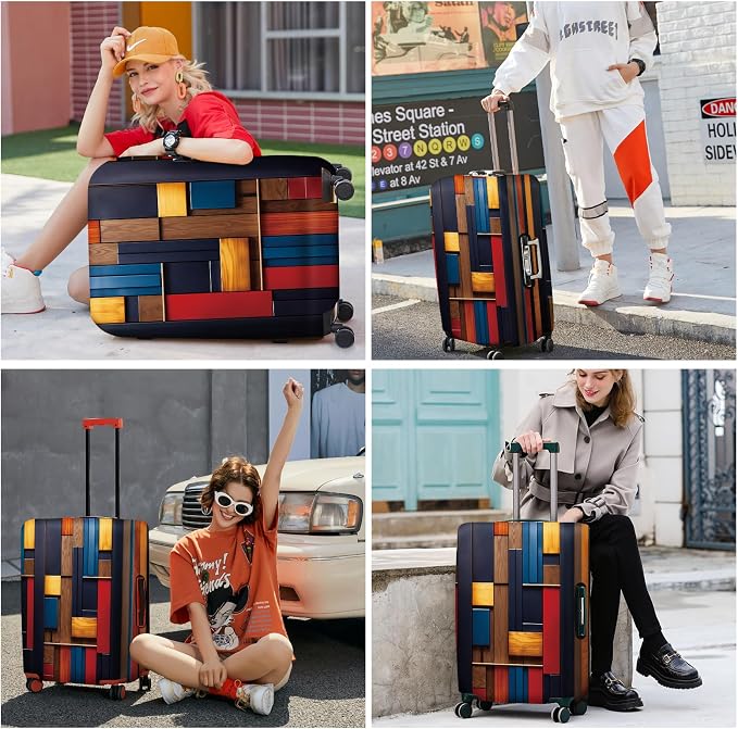 ANNA QUEEN Modern Geometric Wood Luggage Cover, Abstract Panel Suitcase - Image 6
