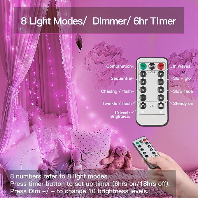 suddus Pink Valentine Day Fairy Lights Battery Operated, 66ft 200 LED String - Image 2