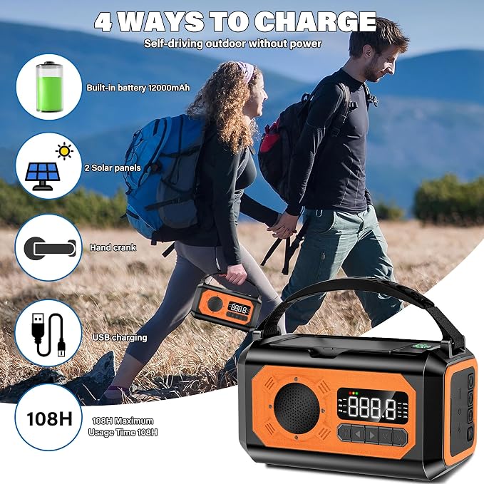 44400mWh/12000mAh Emergency Weather Radio, Hand Crank Radio Solar Radio - Image 4