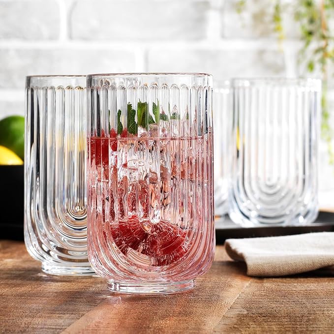 Glaver's 16-Piece Drinking Glass Set, Art Deco Ribbed Arch Design, 17oz - Image 2