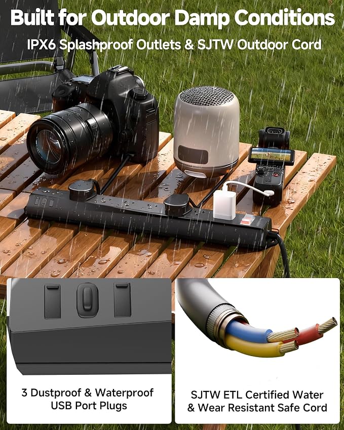 Outdoor Power Strip Weatherproof IPX6, 1625W/13A 6 Ft Extension Cord - Image 8