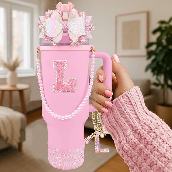 9PCS Pink for Stanley Cup Accessories Set Bling Initials Bow Charms for Stanley - Image 2