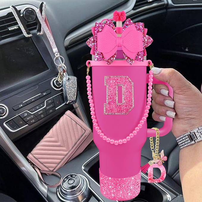 9PCS Hot Pink for Stanley Cup Accessories Set Bling Initials Bow Charms for - Image 6